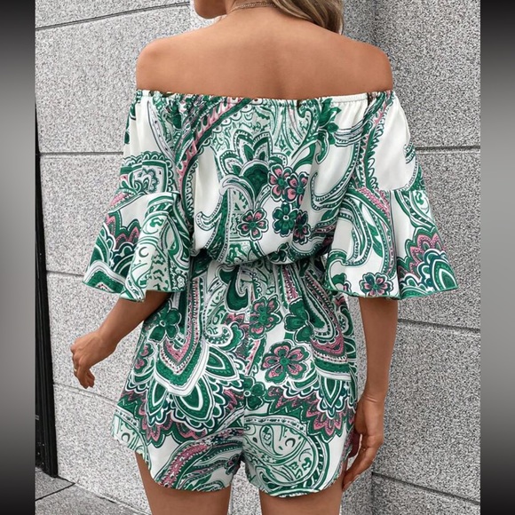 Boho floral print off shoulder knot front romper - Picture 3 of 6